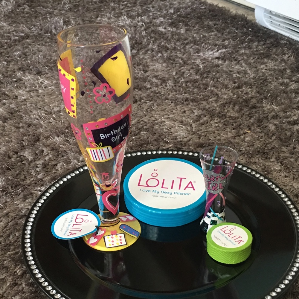 Lolita birthday pilsner glass and shot glass.